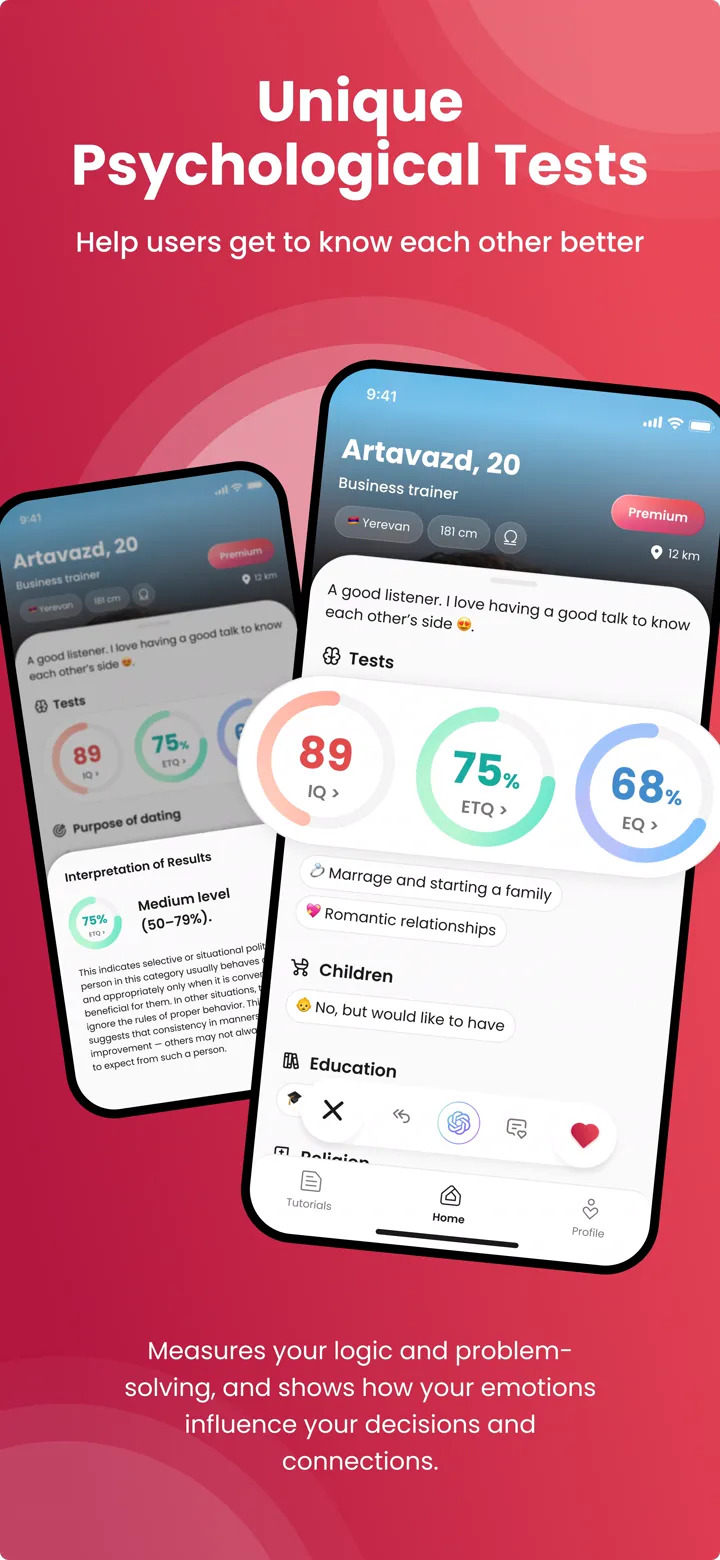 Écran des tests psychologiques Jerm Dating avec les résultats IQ, EQ et ETQ