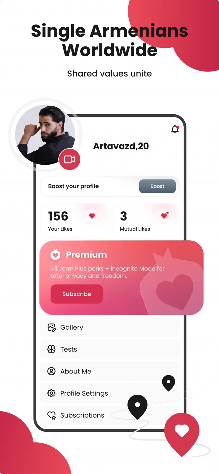Écran de profil Jerm Dating avec le compteur de likes et l'abonnement Premium