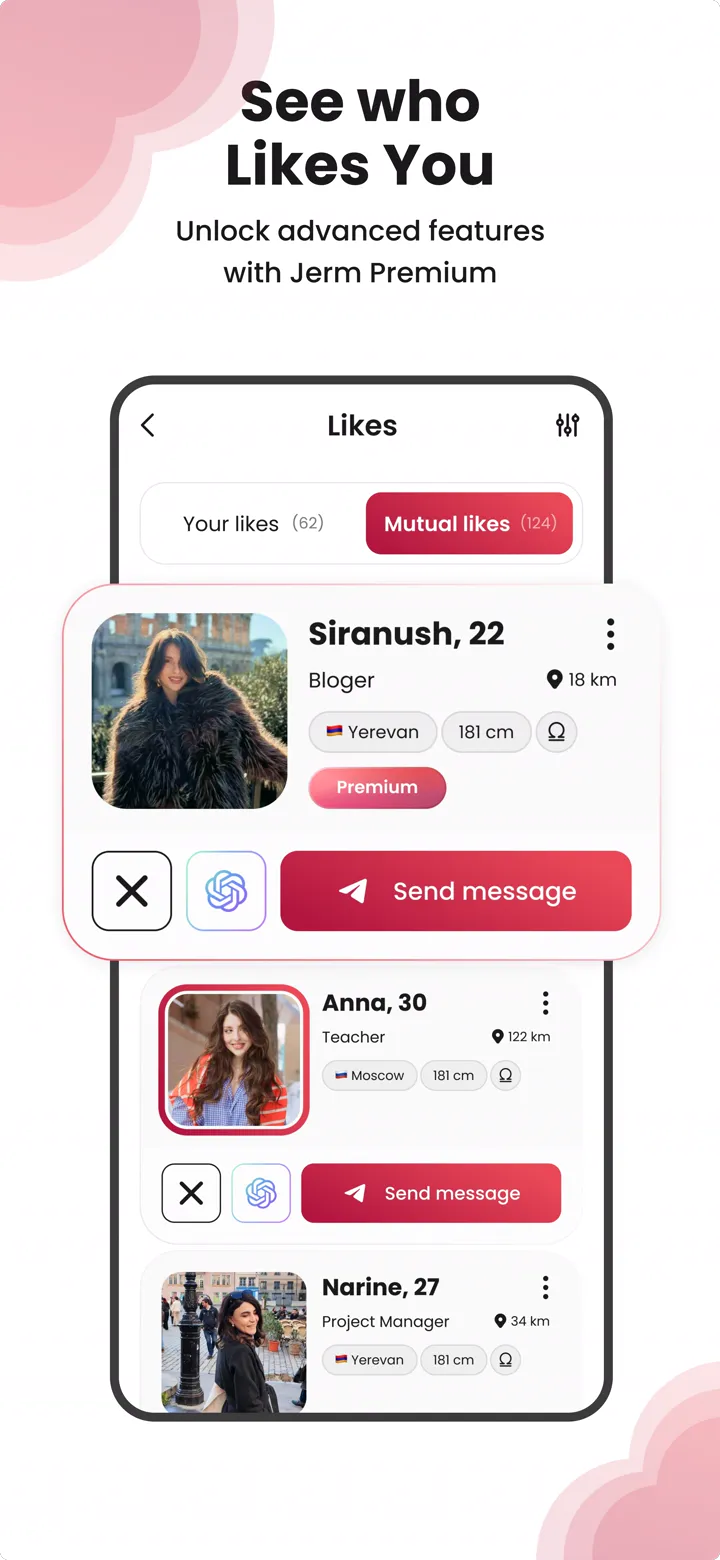 Écran Jerm Dating listant les personnes qui vous ont liké